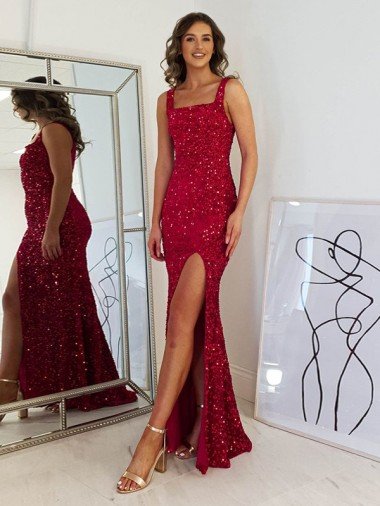 Affordable Square Neck Sleeveless Long Velvet Sequin Prom Dress with Slit