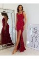 Affordable Square Neck Sleeveless Long Velvet Sequin Prom Dress with Slit