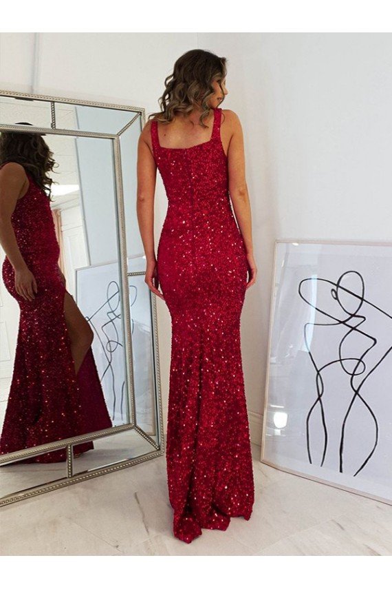 Affordable Square Neck Sleeveless Long Velvet Sequin Prom Dress with Slit