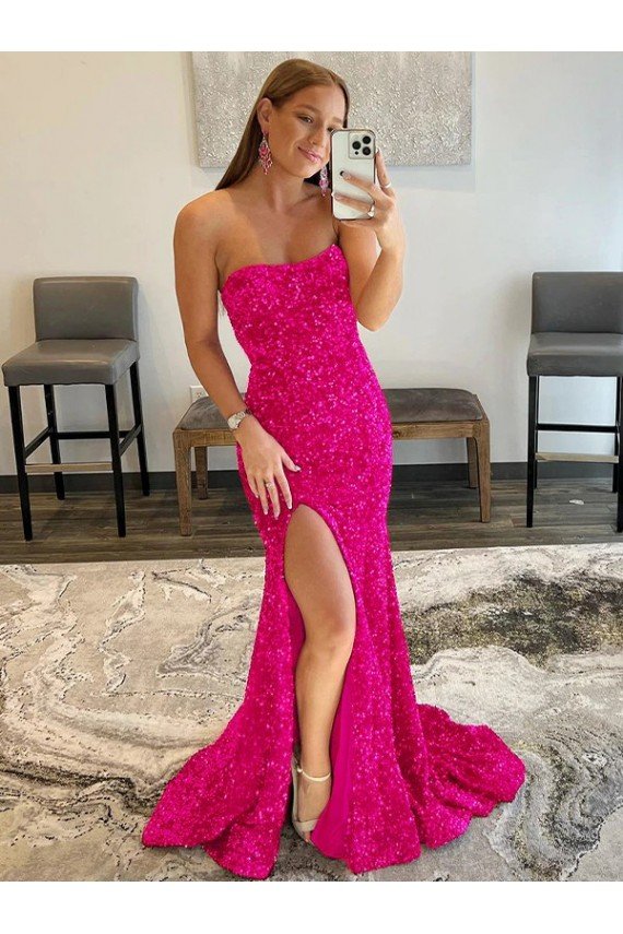 Affordable Strapless Sleeveless Long Sweep Train Velvet Sequin Prom Dress with Side Slit