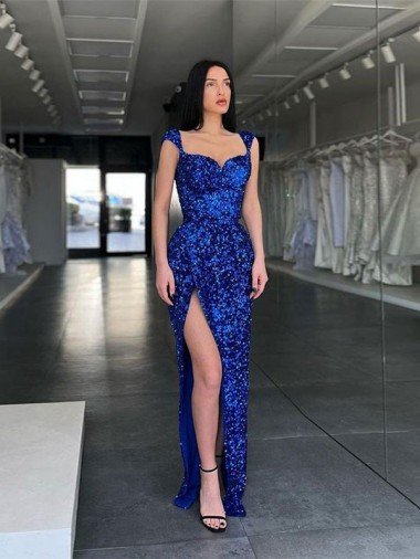 Affordable Sleeveless Long Sweep Train Velvet Sequin Prom Dress with High Slit and Straps