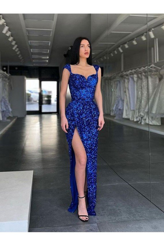 Affordable Sleeveless Long Sweep Train Velvet Sequin Prom Dress with High Slit and Straps