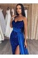 Affordable Sweetheart Sleeveless Long Sweep Train Velvet Sequin Prom Dress with Slit
