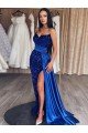Affordable Sweetheart Sleeveless Long Sweep Train Velvet Sequin Prom Dress with Slit