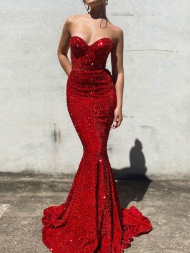 Affordable Mermaid Sweetheart Sleeveless Long Court Train Velvet Sequin Prom Dress