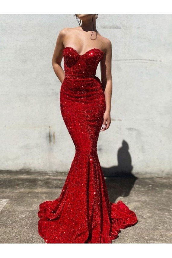 Affordable Mermaid Sweetheart Sleeveless Long Court Train Velvet Sequin Prom Dress