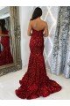Affordable Sweetheart Sleeveless Long Court Train Velvet Sequin Prom Dress