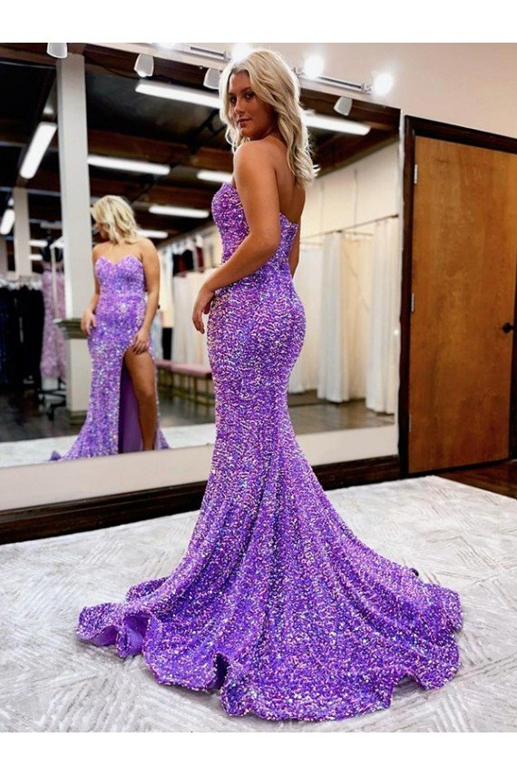 Affordable A-Line Sweetheart Sleeveless Long Velvet Sequin Prom Dress with Slit