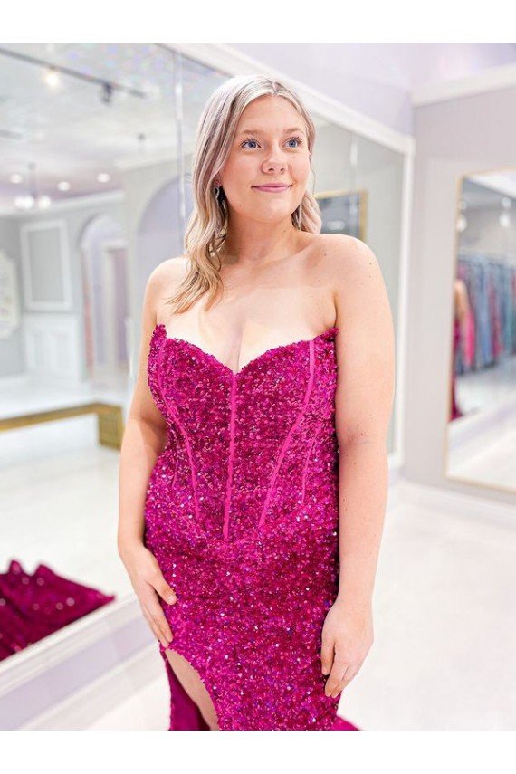 Affordable Long Sweetheart Sleeveless Sweep Train Velvet Sequin Prom Dress with Slit