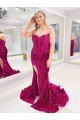 Affordable Long Sweetheart Sleeveless Sweep Train Velvet Sequin Prom Dress with Slit