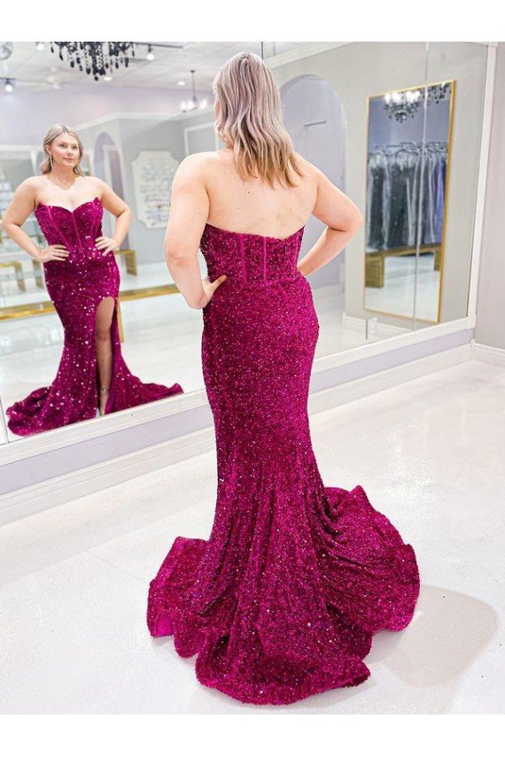 Affordable Long Sweetheart Sleeveless Sweep Train Velvet Sequin Prom Dress with Slit