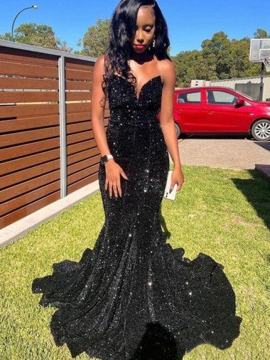 Affordable Mermaid Sweetheart Sleeveless Long Floor Length Velvet Sequin Prom Dress