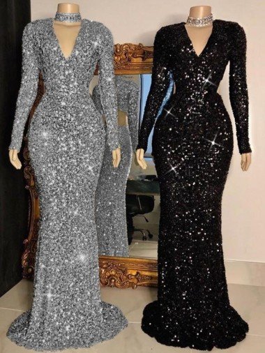 Affordable V-Neck Long Sleeves Long Sweep Train Velvet Sequin Prom Dress