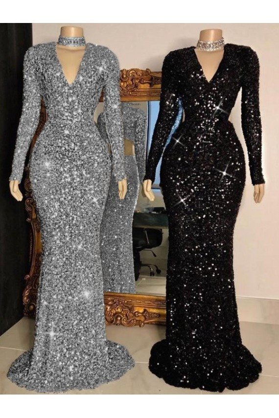 Affordable V-Neck Long Sleeves Long Sweep Train Velvet Sequin Prom Dress