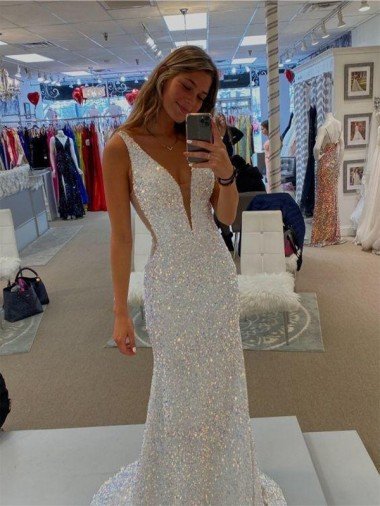 Affordable V-Neck Sleeveless Long Velvet Sequin Prom Dress with Sweep Train