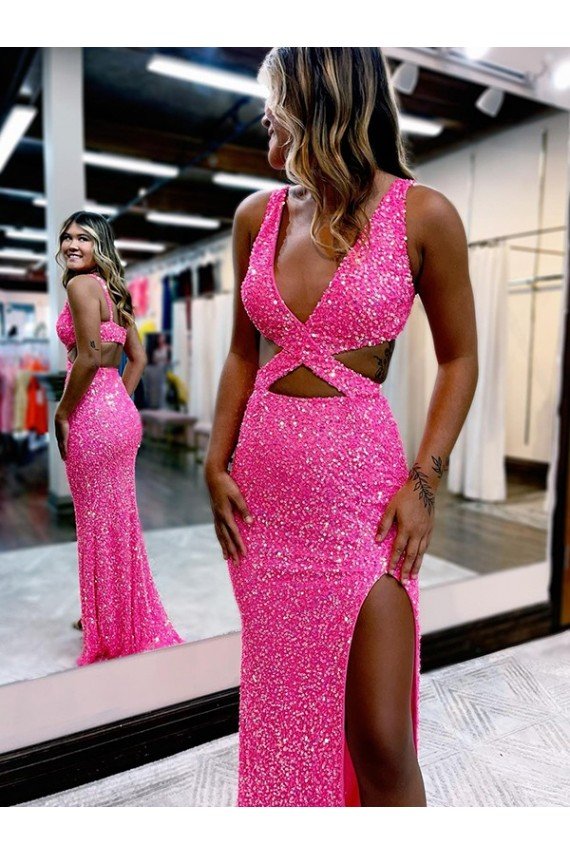 Affordable Long V-Neck Sleeveless Sweep Train Velvet Sequin Prom Dress with High Slit