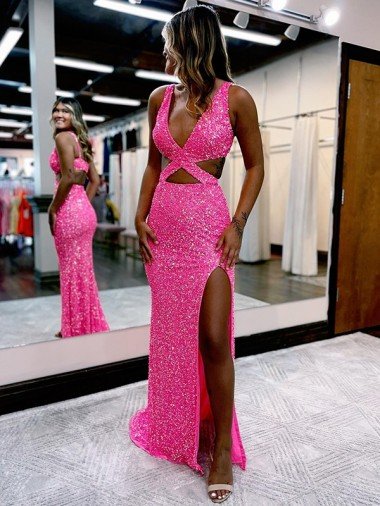 Affordable Long V-Neck Sleeveless Sweep Train Velvet Sequin Prom Dress with High Slit