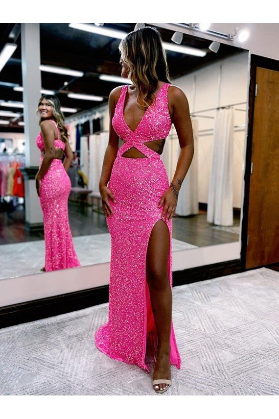 Affordable Long V-Neck Sleeveless Sweep Train Velvet Sequin Prom Dress with High Slit