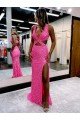 Affordable Long V-Neck Sleeveless Sweep Train Velvet Sequin Prom Dress with High Slit