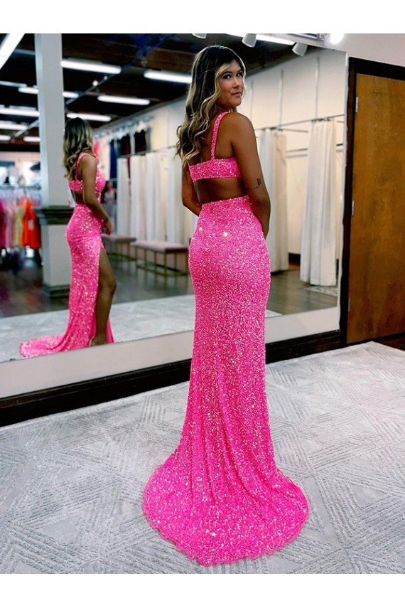 Affordable Long V-Neck Sleeveless Sweep Train Velvet Sequin Prom Dress with High Slit