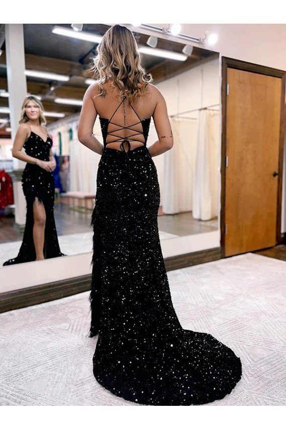 Affordable V-Neck Sleeveless Long Velvet Sequin Royal Blue Prom Dress with Side Slit