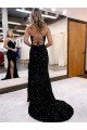 Affordable V-Neck Sleeveless Long Velvet Sequin Royal Blue Prom Dress with Side Slit