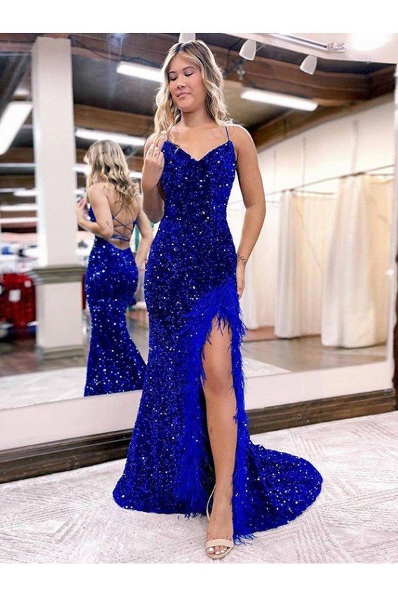 Affordable V-Neck Sleeveless Long Velvet Sequin Royal Blue Prom Dress with Side Slit