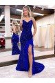 Affordable V-Neck Sleeveless Long Velvet Sequin Royal Blue Prom Dress with Side Slit