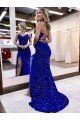 Affordable V-Neck Sleeveless Long Velvet Sequin Royal Blue Prom Dress with Side Slit