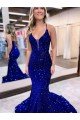 Affordable Mermaid V-Neck Sleeveless Long Court Train Velvet Sequin Prom Dress