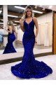 Affordable Mermaid V-Neck Sleeveless Long Court Train Velvet Sequin Prom Dress