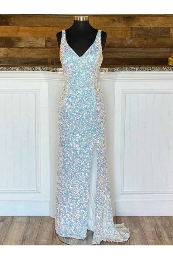 Affordable V-Neck Sleeveless Long Sweep Train Velvet Sequin Prom Dress
