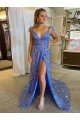 Affordable A-Line V-Neck Sleeveless Long Court Train Velvet Sequin Prom Dress with High Slit