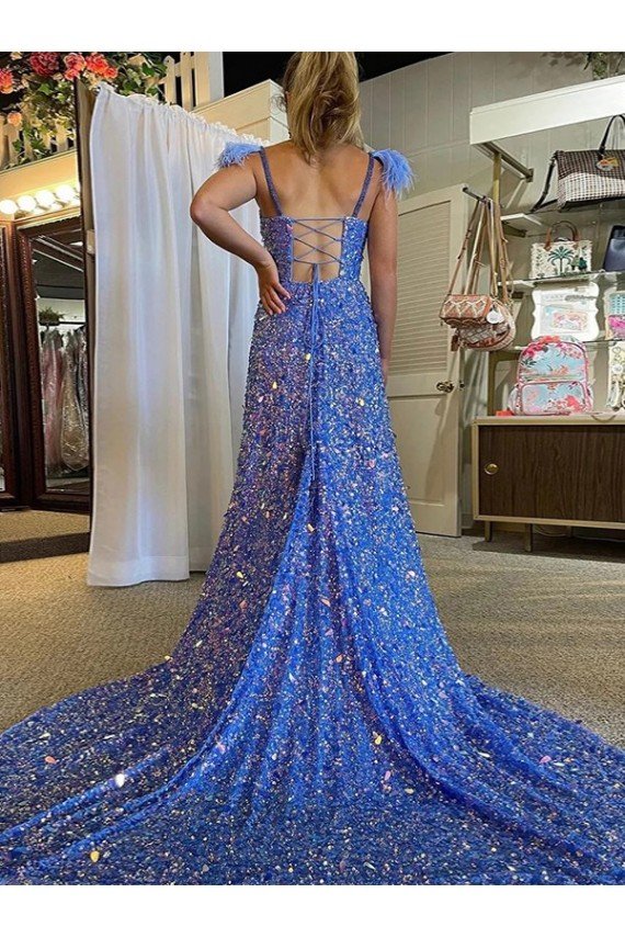 Affordable A-Line V-Neck Sleeveless Long Court Train Velvet Sequin Prom Dress with High Slit