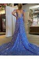 Affordable A-Line V-Neck Sleeveless Long Court Train Velvet Sequin Prom Dress with High Slit