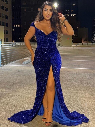 Affordable V-Neck Sleeveless Long Sweep Train Velvet Sequin Prom Dress with Slit