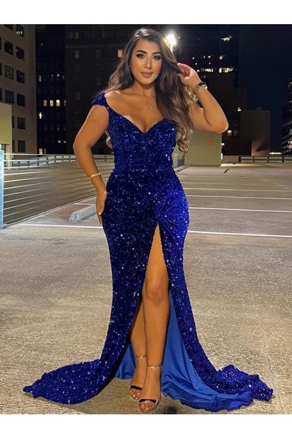 Affordable V-Neck Sleeveless Long Sweep Train Velvet Sequin Prom Dress with Slit