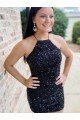 Affordable Halter Sleeveless Short Velvet Sequin Prom Dress