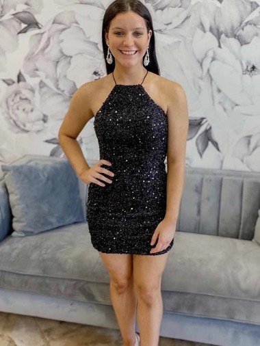 Affordable Halter Sleeveless Short Velvet Sequin Prom Dress