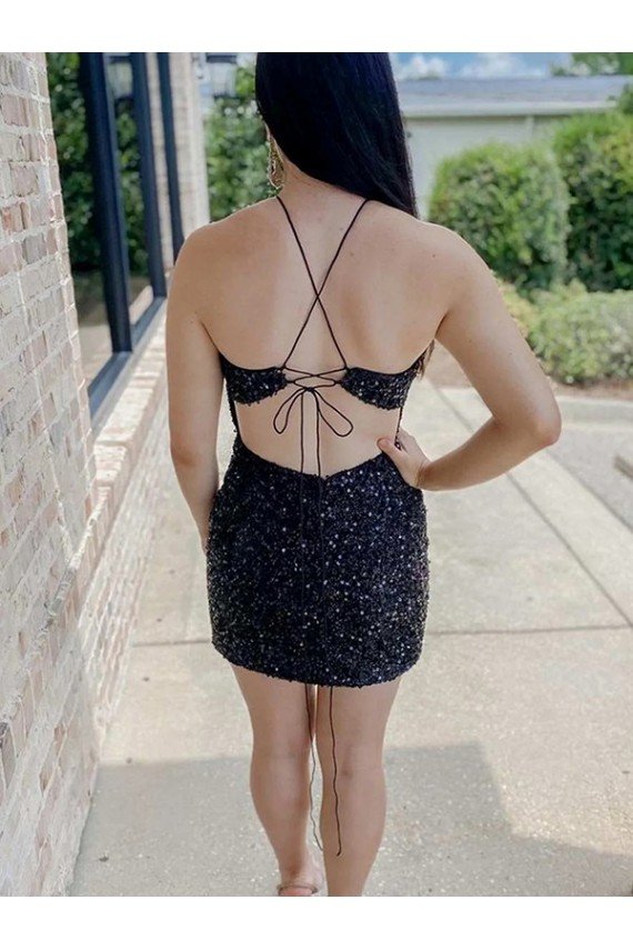 Affordable Halter Sleeveless Short Velvet Sequin Prom Dress