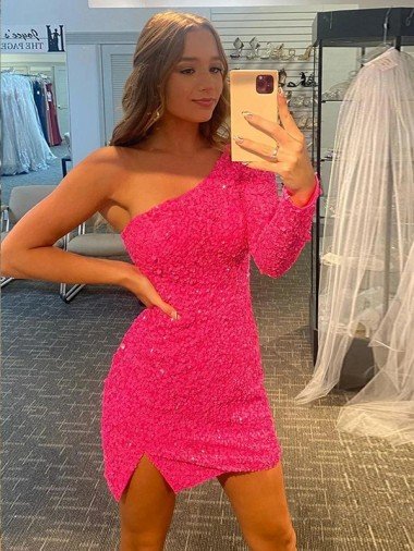 Affordable Short Velvet Sequin One Shoulder Long Sleeves Prom Dress