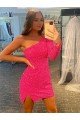 Affordable Short Velvet Sequin One Shoulder Long Sleeves Prom Dress