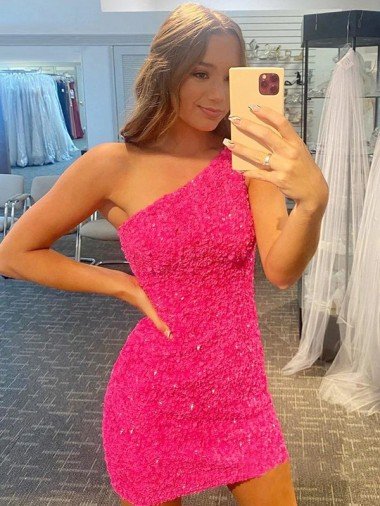 Affordable Short One Shoulder Sleeveless Velvet Sequin Prom Dress