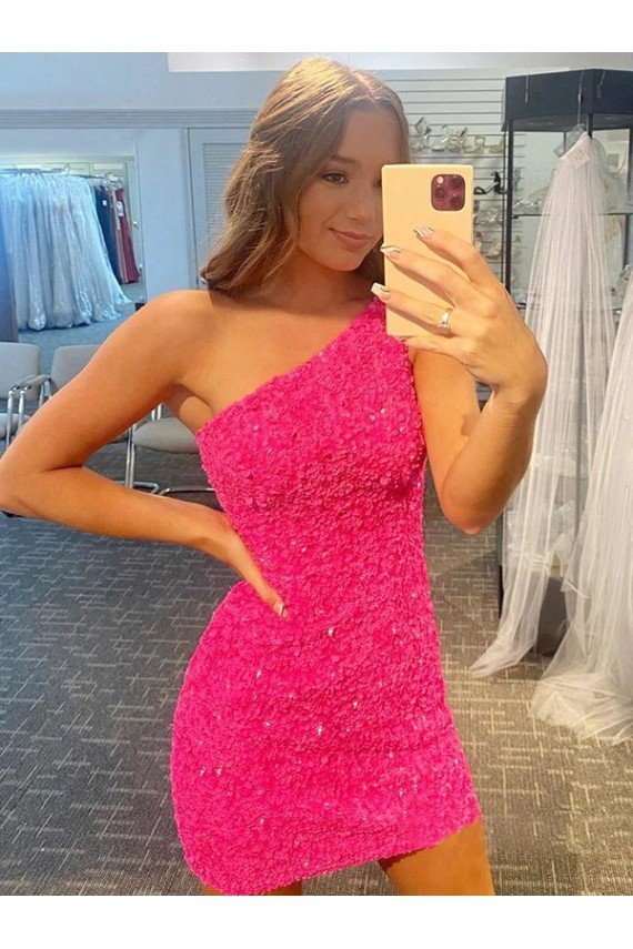 Affordable Short One Shoulder Sleeveless Velvet Sequin Prom Dress