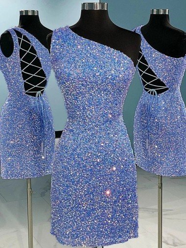 Affordable Short Velvet Sequin One Shoulder Sleeveless Prom Dress