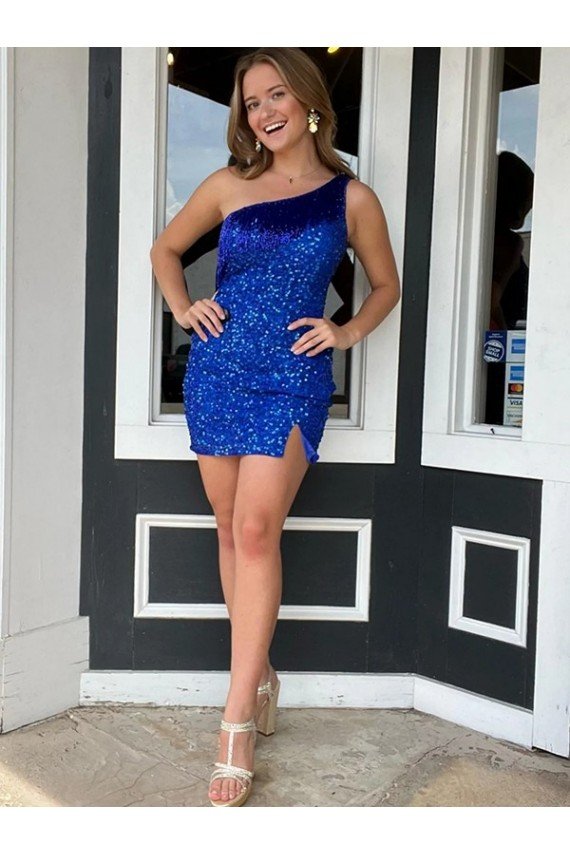Affordable One Shoulder Sleeveless Short Velvet Sequin Royal Blue Prom Dress