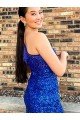 Affordable One Shoulder Sleeveless Short Velvet Sequin Royal Blue Prom Dress