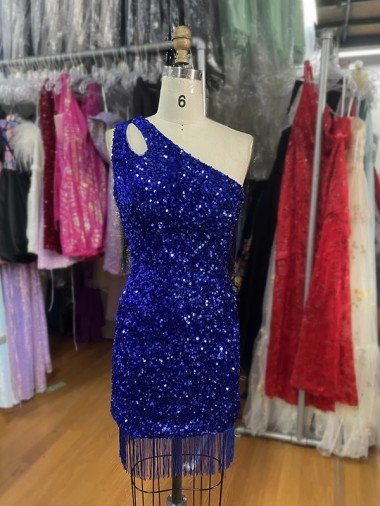 Affordable One Shoulder Keyhole Sleeveless Short Velvet Sequin Prom Dress