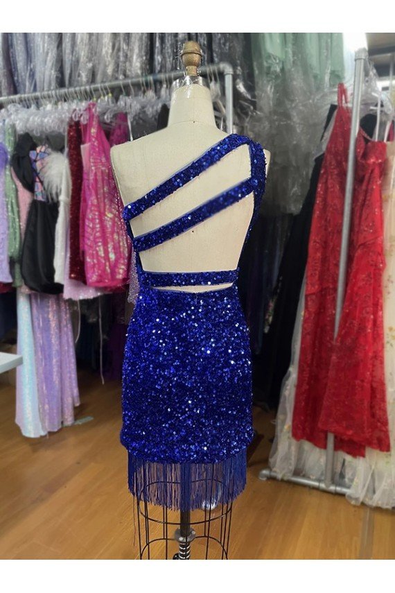 Affordable One Shoulder Keyhole Sleeveless Short Velvet Sequin Prom Dress