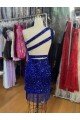 Affordable One Shoulder Keyhole Sleeveless Short Velvet Sequin Prom Dress